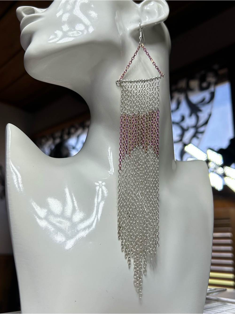 Long Silver tone white Pink Chain Fringe tassel Earrings